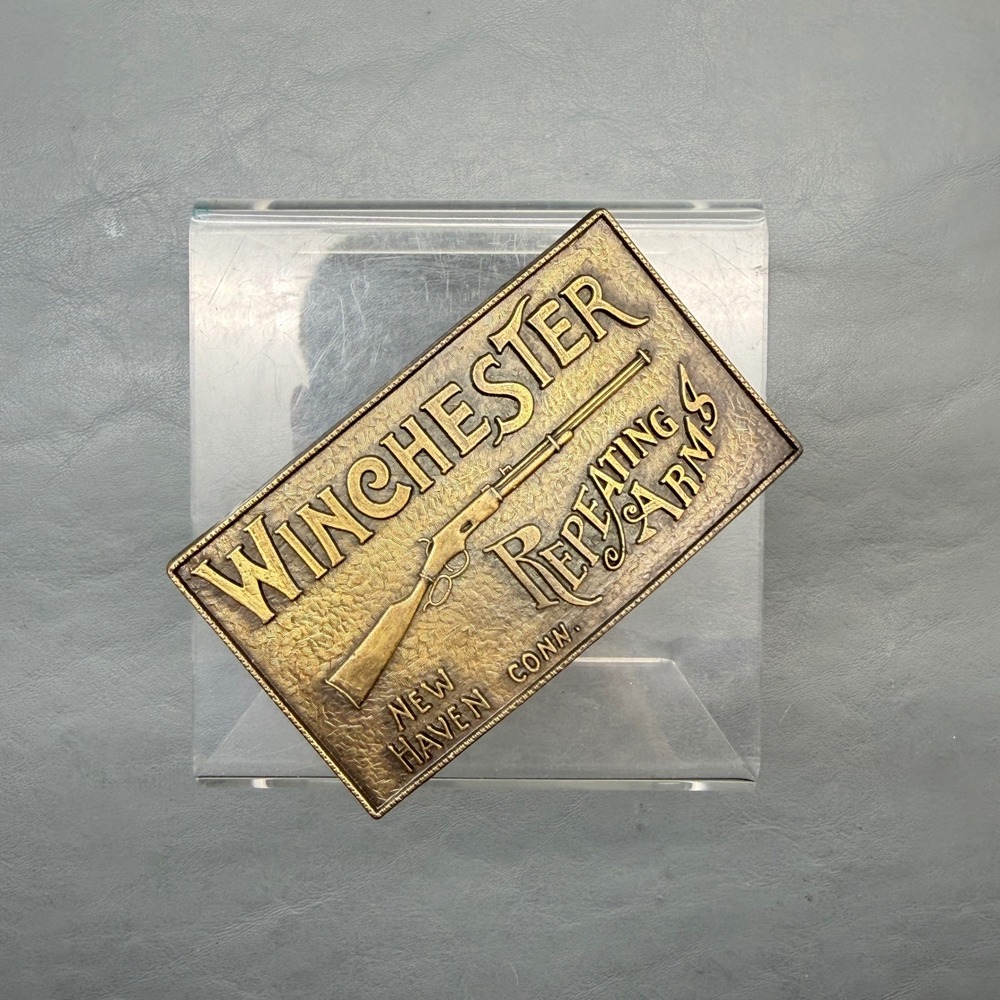 Vintage Belt Buckle Winchester Repeating Arms New Haven Conn Brass 4" x 2.25"